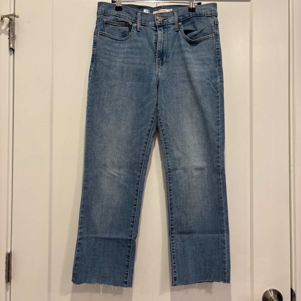 Levis Slimming Straight Jeans Medium Wash Raw Hem Denim Pants 30